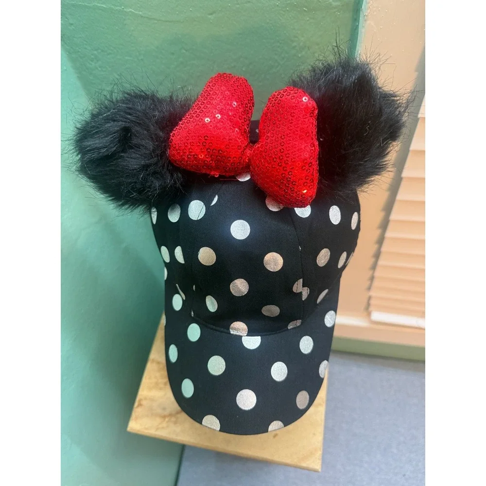 Disney Parks Minnie Mouse Fuzzy Ears Trucker Hat Cap Adjustable Red Bow